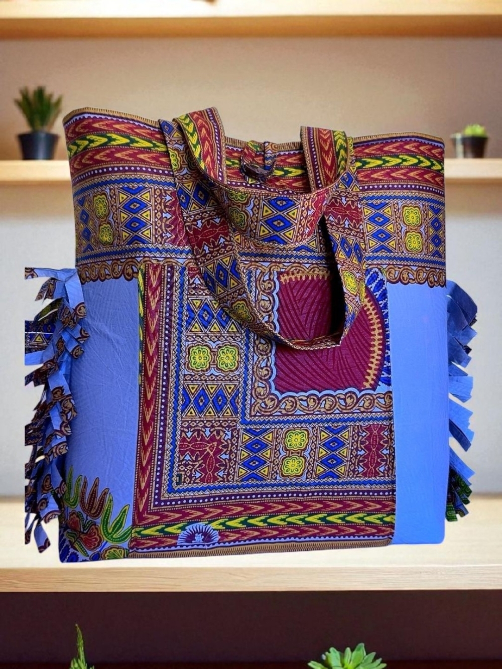 Boho Printed Tote Bag in Blue and Maroon